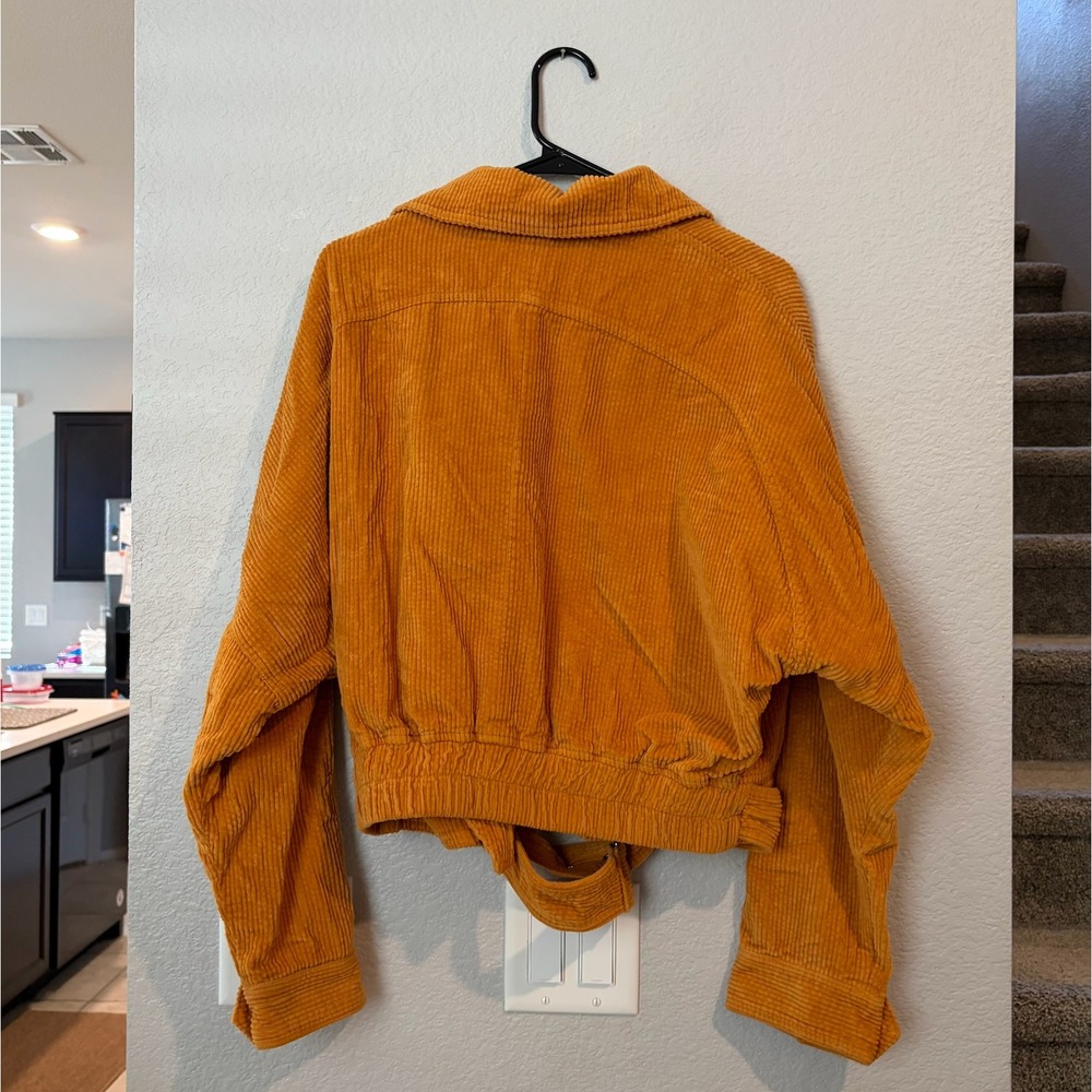 Free People Mustard Yellow Corduroy Moto Jacket Belted Cropped Biker MEDIUM - Picture 5 of 5